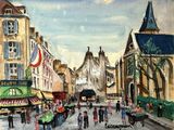 une peinture d'une rue de la ville avec des gens qui marchent dessus