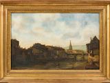 une peinture à l'huile représentant une scène fluviale avec un pont et des bâtiments