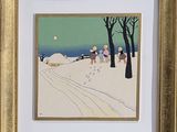 painting of people walking in the snow with a dog on a sled