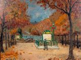 painting of a painting of a park with a bench and trees in the background