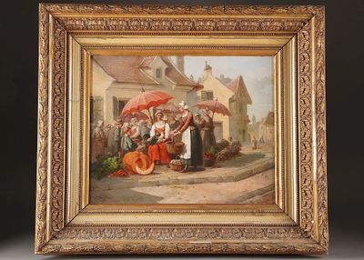 tableau représentant une femme vendant des fruits et légumes à un coin de rue