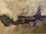 abstract painting of a horse in a field with a sky in the background