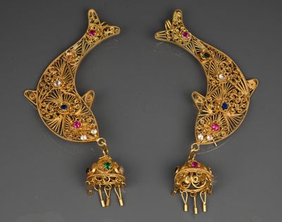 pair of gold - plated earrings with colorful stones and bells