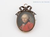 portrait of a gentleman in a red coat with a bow around his neck