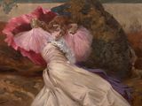 an image of a painting of a woman in a pink dress laying on a couch