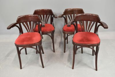 set of six mahogany chairs with red upholstered cushions