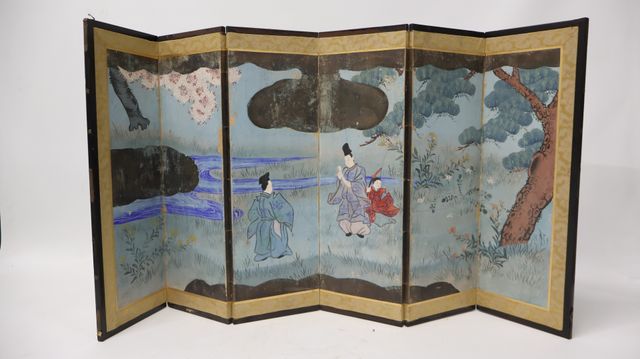 JAPON - Début XXe siècle - Petit paravent à six feuilles, encre e...