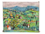 une peinture à l'huile représentant un paysage verdoyant avec des arbres et des maisons