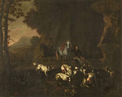 tableau représentant un homme à cheval entouré d'une meute de chiens
