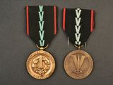 two medals are shown on a black surface with a red ribbon