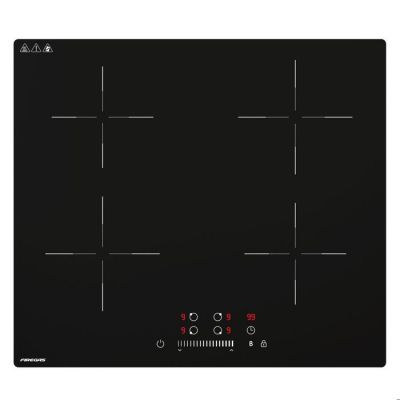 une plaque à induction noire à quatre feux sur fond blanc