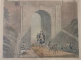 a drawing of a horse drawn carriage going under a bridge