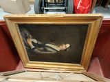 a painting of a woman in a black dress sitting in a suitcase