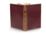 un livre ouvert, aux tranches dorées et à la couverture rouge, posé sur une surface blanche