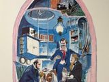 a painting of two men and a dog in front of a window