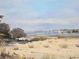 a painting of a beach scene with a sailboat in the distance