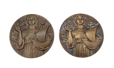 two bronze medallions depicting a woman and a man