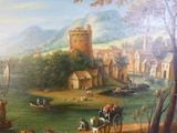 un tableau représentant une scène fluviale avec un château en arrière-plan