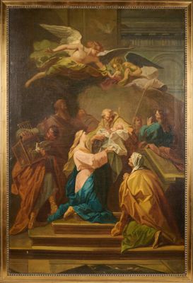 une peinture à l'huile représentant un tableau dans lequel un homme est agenouillé devant un groupe de personnes