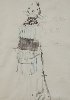 dessin représentant une femme en robe longue, coiffée d'un chapeau et tenant une canne