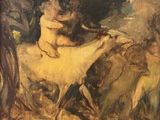 une peinture à l'huile représentant une femme assise sur un canapé avec un chien