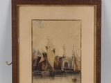 painting of a boat in a harbor with other boats in the water