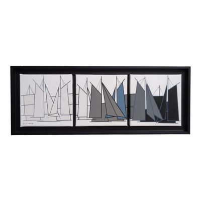 three framed pictures of sailboats in a row on a white background