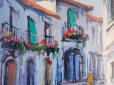 une peinture représentant une rue de la ville avec des voitures garées dessus