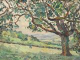 une image représentant un tableau où l'on voit un grand arbre dans un champ