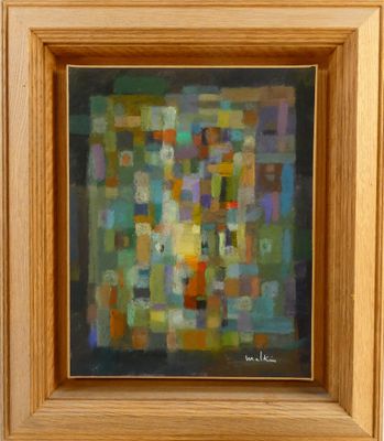 an oil painting of a painting of squares of different colors on a wooden frame