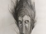 a black and white photo of a mask with a feather on it