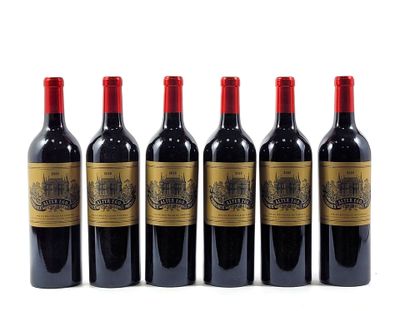 six bottles of red wine lined up on a white surface