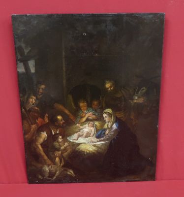 un tableau représentant une crèche avec un bébé dans la crèche, entouré d'autres personnes