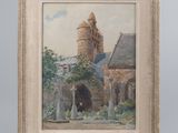 an image of a painting of a building with a tower in the background