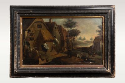 une peinture à l'huile représentant une scène de village avec un homme et un chien
