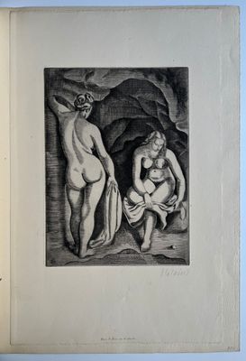 un livre ouvert sur lequel figure le dessin d'une femme et d'un homme dans une grotte