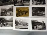 several black and white photos of a bunch of buildings and mountains