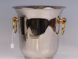 silver plated ice bucket with handles and handles on a white surface