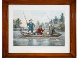 an old painting of three men fishing in a boat on a lake