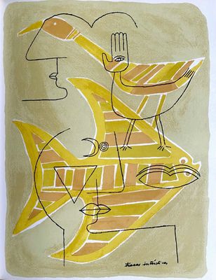 dessin représentant un poisson avec un couteau et une fourchette dans la bouche