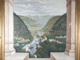 une peinture à l'huile représentant une vue d'une ville et d'une rivière