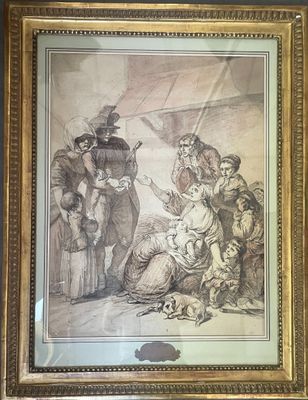 dessin encadré représentant un groupe de personnes dans une pièce