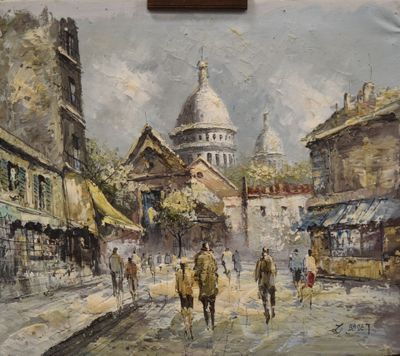 une peinture à l'huile représentant une scène de rue avec des personnes marchant dans la rue