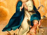 an image of a painting of the virgin with angels and doves