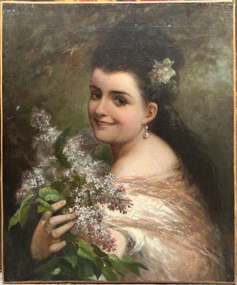tableau représentant une femme tenant un bouquet de fleurs à la main