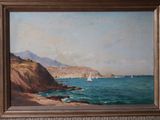 an oil painting of a beach scene with a sailboat in the water