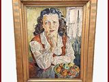 tableau représentant une femme assise à une table, avec un bol de fruits devant elle