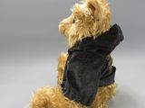 a teddy bear that is wearing a black jacket
