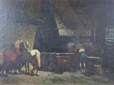 un tableau représentant un groupe de chevaux dans une grange