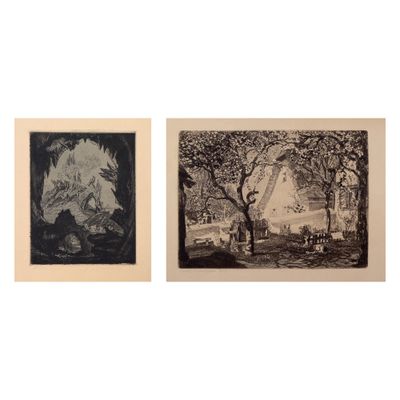 deux photographies en noir et blanc représentant un parc avec des arbres et un bâtiment